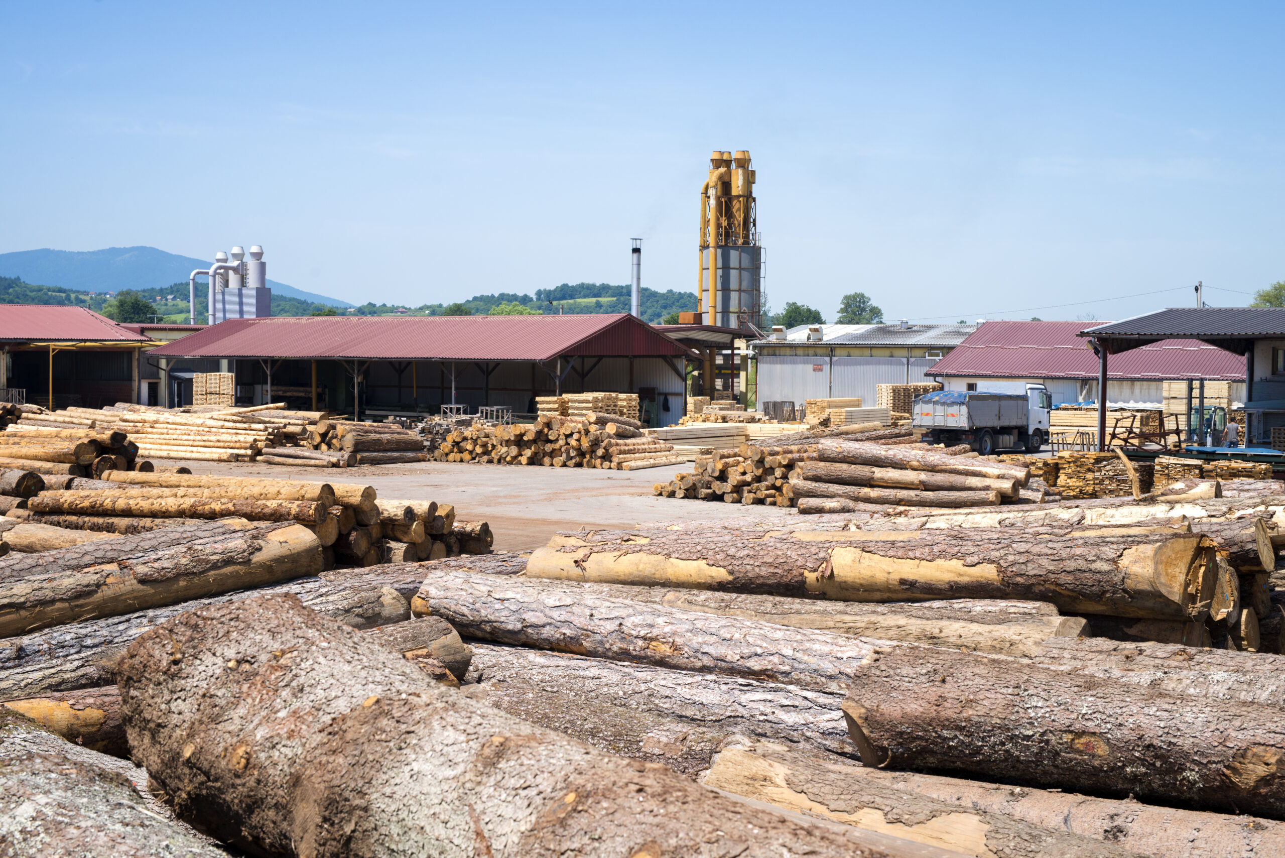 View of industrial sawmill factory for wood processing.